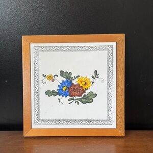 Floral Tile Wall Art with Wooden Frame